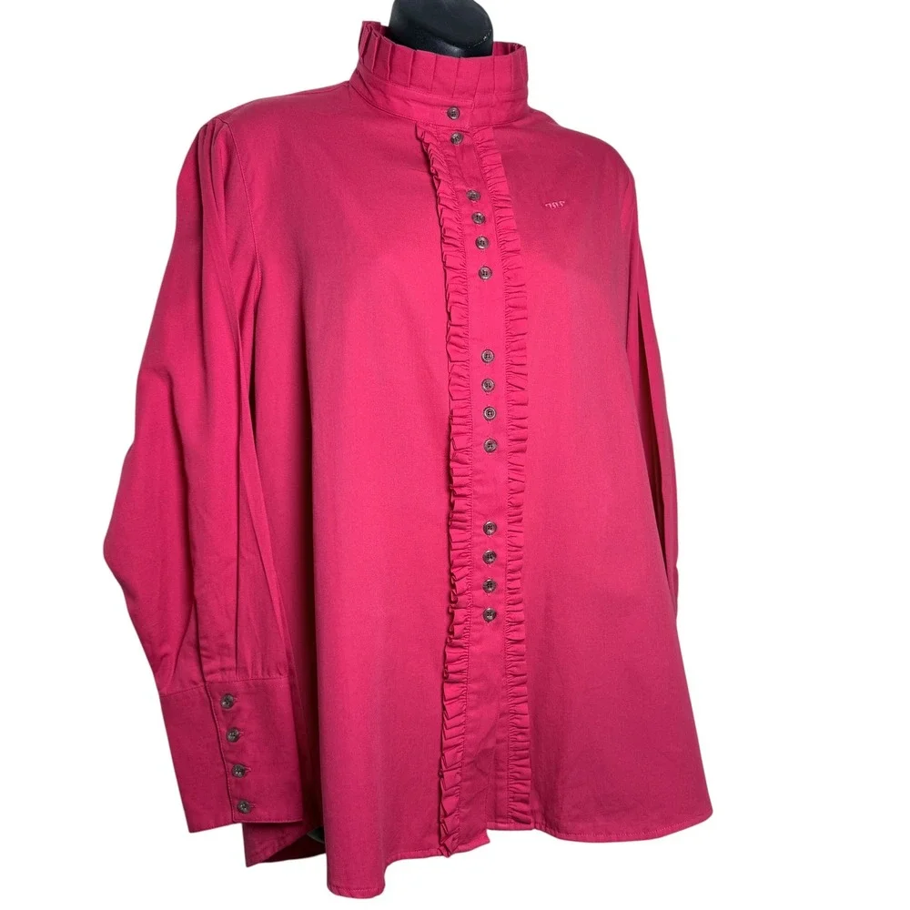 King Ranch Pink Cotton Ruffle Mock Neck Western Field Shirt Blouse Long Size XL‎